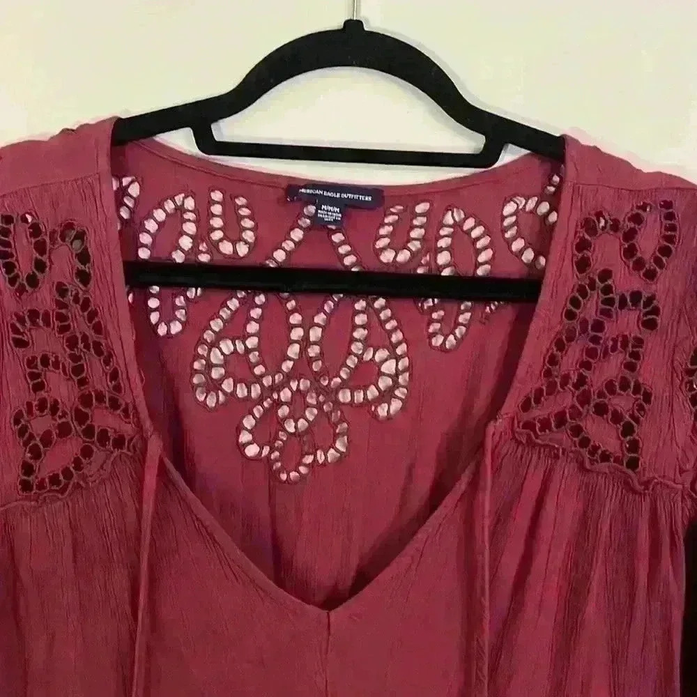 American Eagle Burgundy Bell Sleeve Tassel Dress Size Medium - Picture 5 of 11